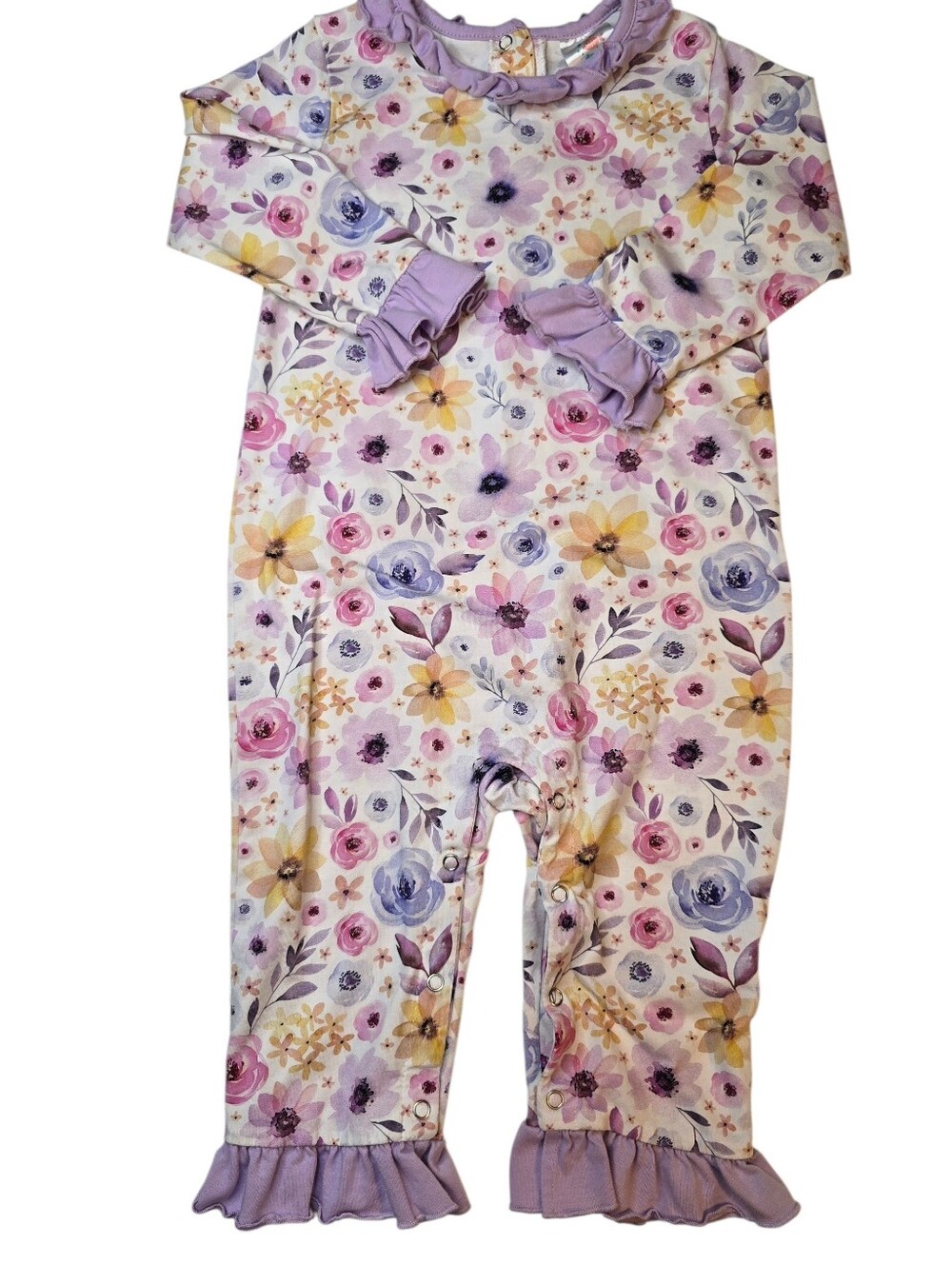 Stitchy Fish Floral Ruffle One-Piece Romper in Lavender